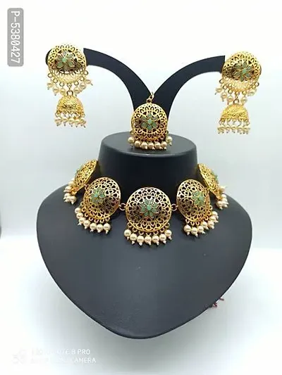 Trendy Gold Plated Alloy Necklace With Earrings And Maang Tikka Set