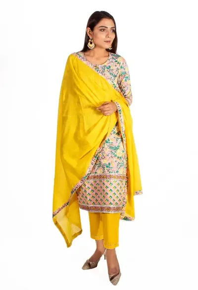 Stylish Cambric Block Print Kurta With Pant And Dupatta Set For Women