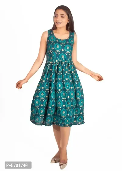 Stylish Cambric Cotton Green Sleeveless Printed Dress For Women