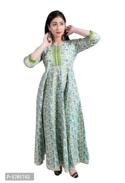 Stylish Cotton Green Floral Print 3/4 Sleeves Dress For Women-thumb0