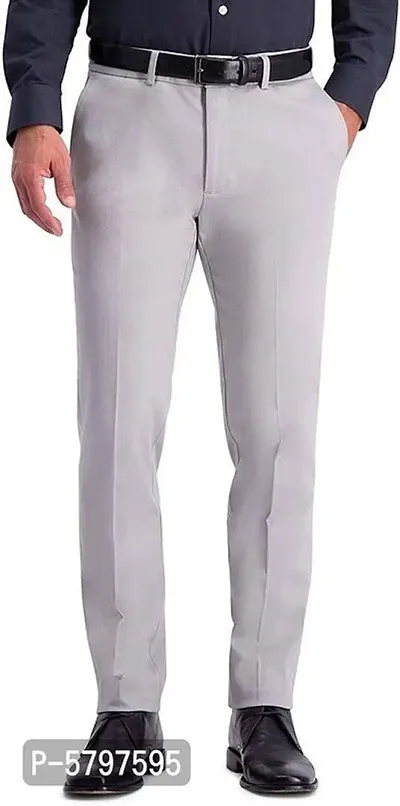 Elegant  Light Grey Polycotton Regular Fit Solid Formal Trousers For Men