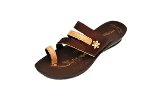 Elegant Brown PU Self Design Flat Sandals For Women-thumb1