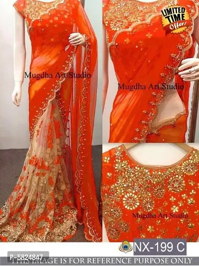 Orange Georgette Embroidered Sarees For Women-thumb1