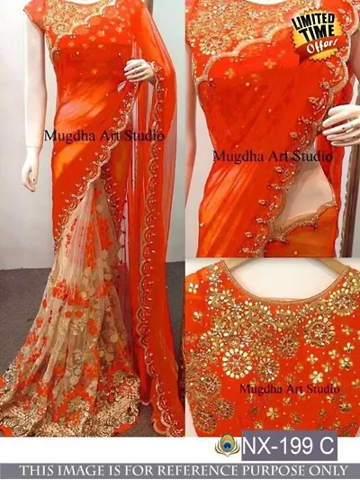 Georgette and Net Heavy Embroidery Work Party Wear Saree with Fancy Blouse piece
