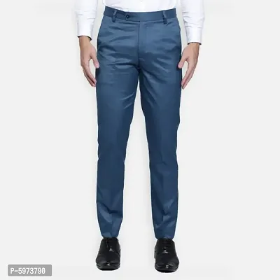 Fabulous Stylish Morpich Blue Lycra Blend Solid Formal Trousers For Men-thumb0