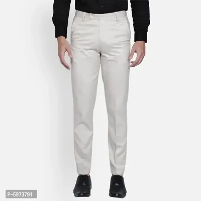 Fabulous Stylish Beige Lycra Blend Solid Formal Trousers For Men