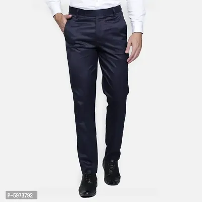 Fabulous Stylish Navy Blue Lycra Blend Solid Formal Trousers For Men