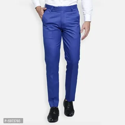 Fabulous Stylish Royal Blue Lycra Blend Solid Formal Trousers For Men-thumb0