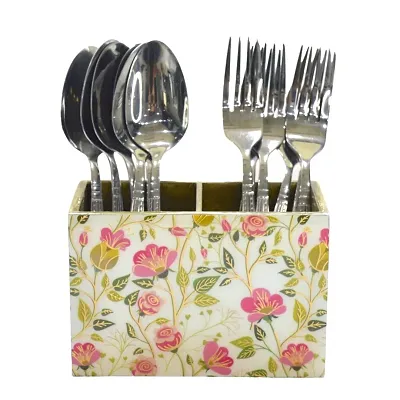 Handcrafted Premium Finish Pistacio Glossy Floral Marble Finish Two Rack Wooden Cutlery Stand