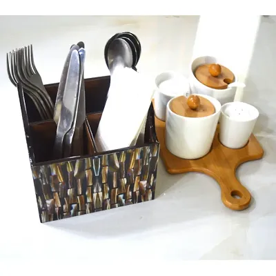 Handcrafted Premium Finish Glossy Brown Marble Design Four Rack Wooden Cutlery Stand