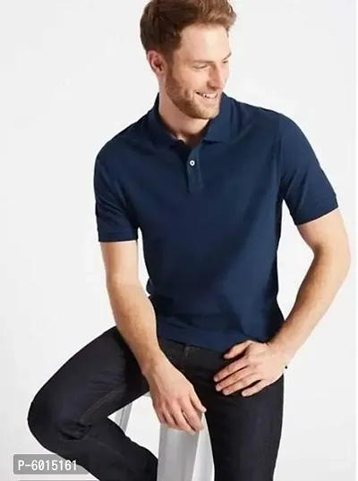 Fabulous Navy Blue Cotton Solid Polos For Men