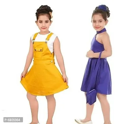 Stylish Cotton Blend Self Pattern Dresses For Girls (Pack Of 2, Yellow, Blue)-thumb0