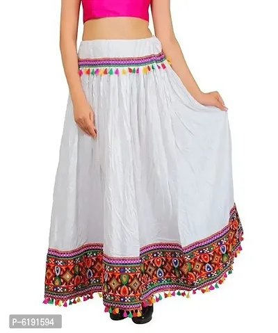 Stylish Cotton White Embroidered Dandiya Raas Lehenga Skirt For Women
