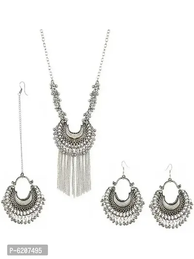Handcrafted Oxidised Silver Half Moon With Hanging Jhumki And Mang Tikka Necklace Set For Women