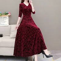 Stylish Maroon Printed Velvet Long Dress-thumb1