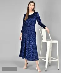 Stylish Navy Blue Self Pattern Velvet Long Dress-thumb1