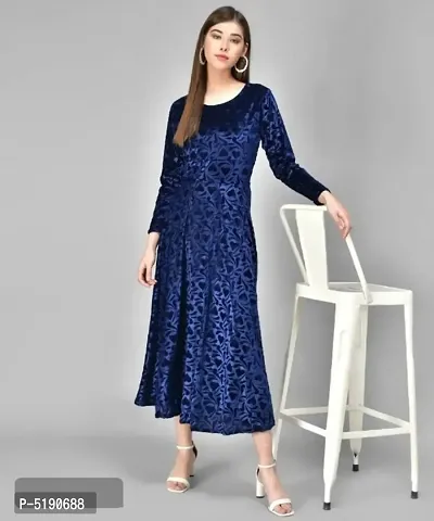 Stylish Navy Blue Self Pattern Velvet Long Dress-thumb2