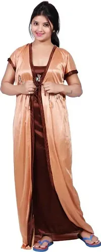 Brown Comfy 2-IN-1 Satin Night Dress Set-thumb2