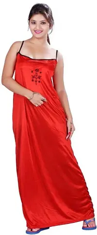 Red And Black Comfy 2-IN-1 Satin Night Dress Set-thumb1