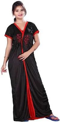 Red And Black Comfy 2-IN-1 Satin Night Dress Set-thumb2