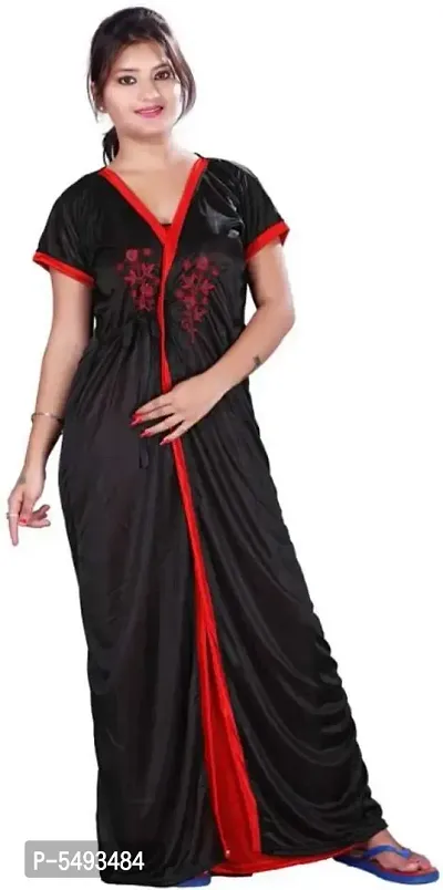 Red And Black Comfy 2-IN-1 Satin Night Dress Set-thumb3
