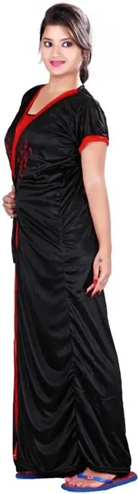 Red And Black Comfy Satin Night Dress Set With Robe For Women-thumb3