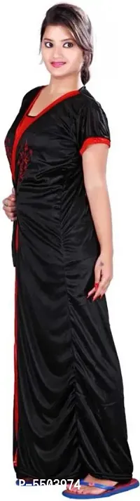 Red And Black Comfy Satin Night Dress Set With Robe For Women-thumb4