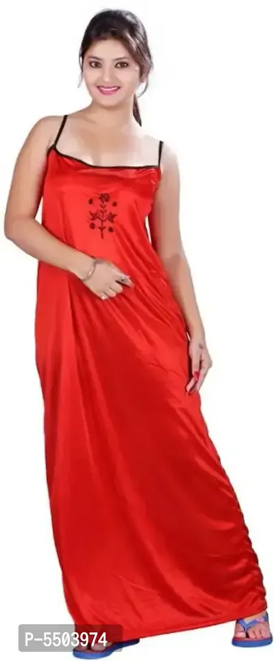 Red And Black Comfy Satin Night Dress Set With Robe For Women-thumb5