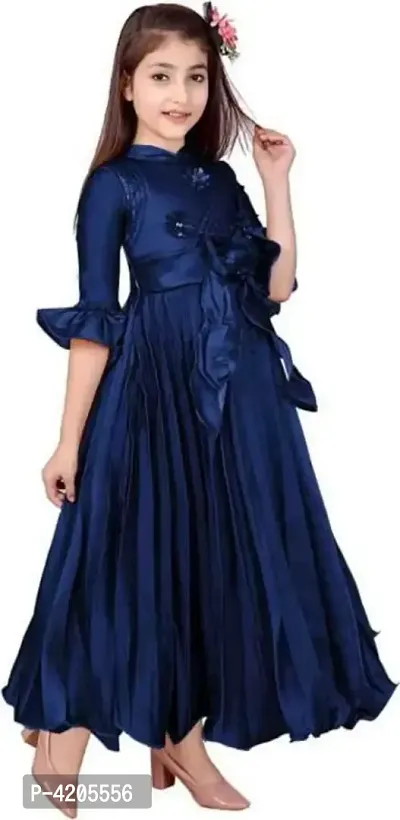 Girls Navy Blue Silk Dress-thumb2