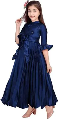 Girls Navy Blue Silk Dress-thumb2