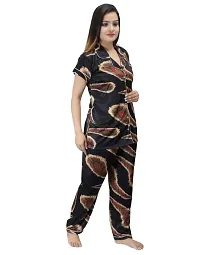Fashionable Attractive Black Satin Printed Night Shirt with Pyjama For Women-thumb1
