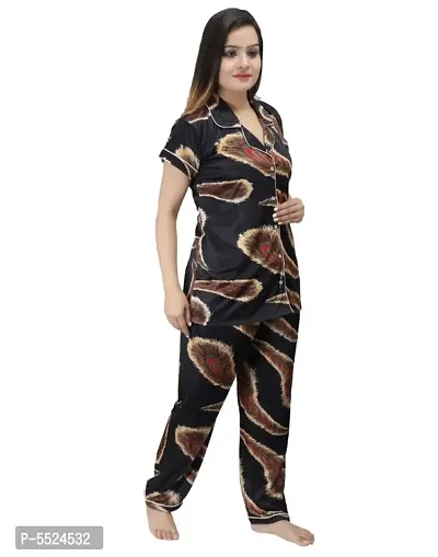 Fashionable Attractive Black Satin Printed Night Shirt with Pyjama For Women-thumb2