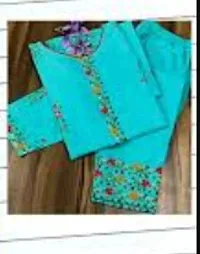 Turquoise Cotton Slub Embroidered Kurtas For Women-thumb1