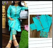 Turquoise Cotton Slub Embroidered Kurtas For Women-thumb2