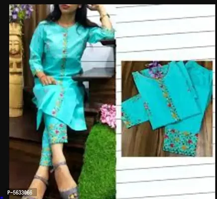 Turquoise Cotton Slub Embroidered Kurtas For Women-thumb3