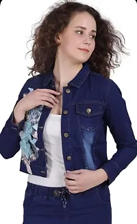 Stylish Dark Blue Flower Patch Casual Denim Jacket For Women-thumb1