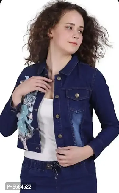 Stylish Dark Blue Flower Patch Casual Denim Jacket For Women-thumb2