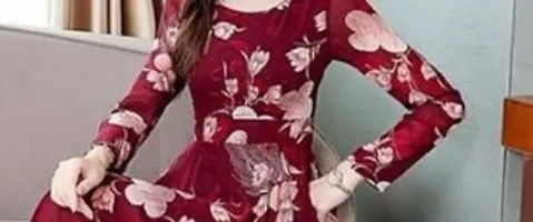 Maroon Floral Print With Full Sleeve Dress-thumb2