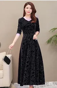 Black Self Pattern Velvet Long Maxi Dress-thumb3