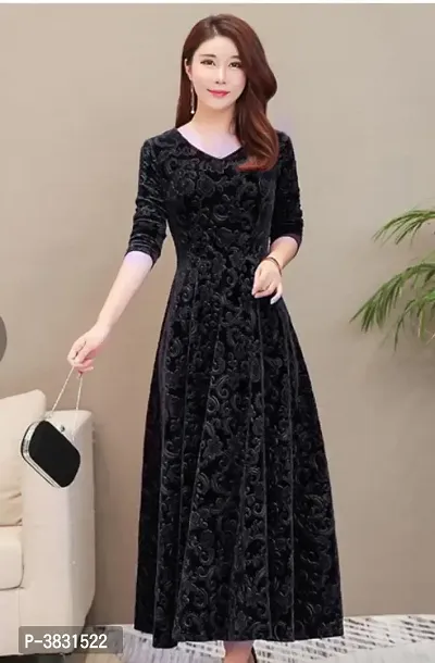 Black Self Pattern Velvet Long Maxi Dress-thumb4