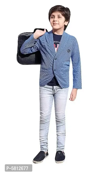 Trendy Blue Cotton Self Pattern Top with Blazer Set For Boys-thumb3