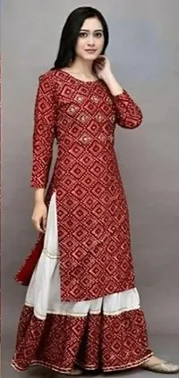 Stunning Red Rayon Printed Kurta with Cotton Skirt For Women-thumb1