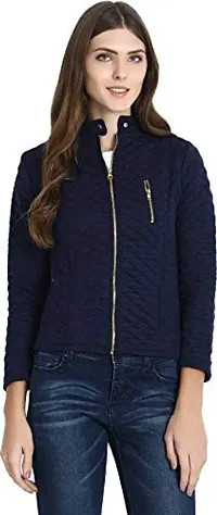 Navy Blue Fleece Self Pattern Jackets   Waistcoats For Women-thumb1