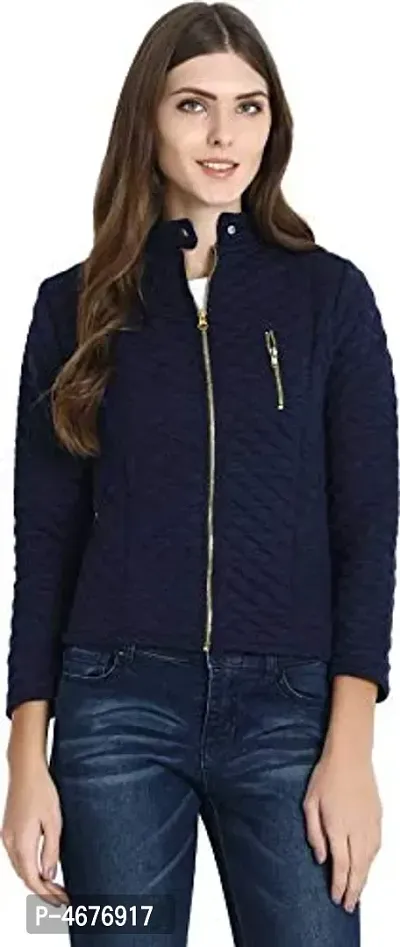 Navy Blue Fleece Self Pattern Jackets   Waistcoats For Women-thumb2