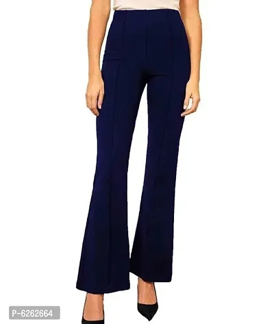 Stylish Navy Blue Poly Blend Solid Flat Front Bootcut Pants For Women-thumb0