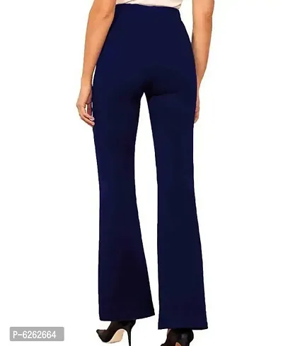 Stylish Navy Blue Poly Blend Solid Flat Front Bootcut Pants For Women-thumb2