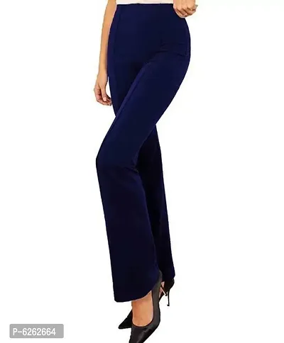 Stylish Navy Blue Poly Blend Solid Flat Front Bootcut Pants For Women-thumb3