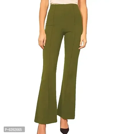 Stylish Olive Poly Blend Solid Flat Front Bootcut Pants For Women