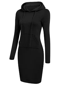 Women Solid Polycotton Black Hooded Front Pocket Dress-thumb2