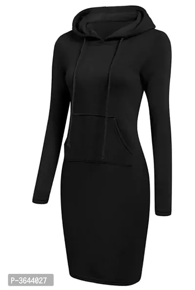 Women Solid Polycotton Black Hooded Front Pocket Dress-thumb3